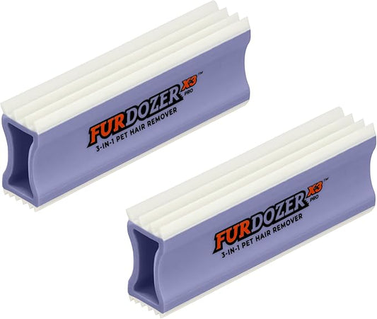 FurDozer Pet Hair Remover & Auto Detailing Tools - Cat & Dog Hair Remover for Carpets, Car Interiors, Couches, Bedding, & Pet Furniture (Purple, (2 Pack) - X3 PRO)