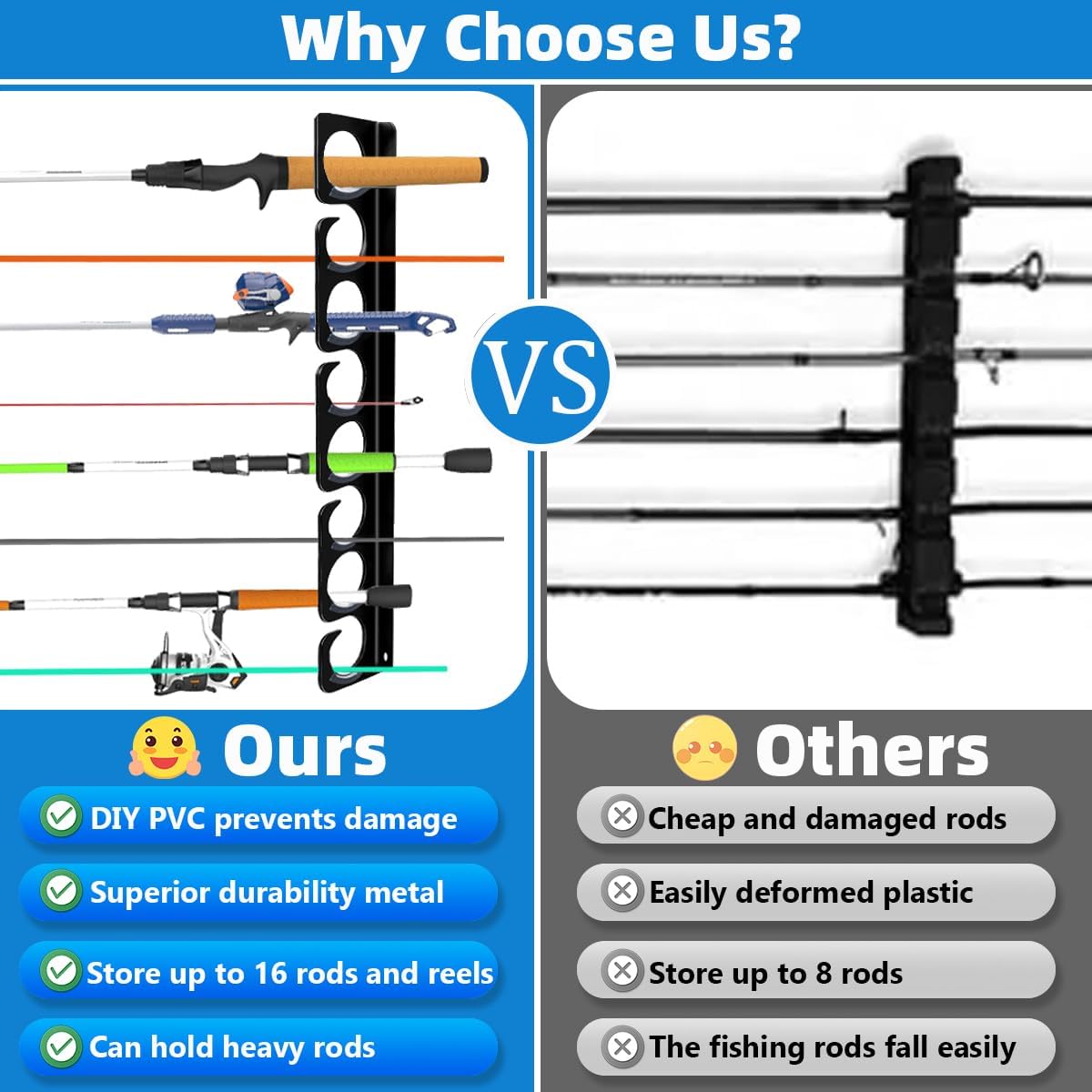 Wall or Ceiling Fishing Rod Storage Rack Vertical Horizontal Holder with 16 Capacity Fishing Rods Reels Mounted Roof Carrier Hooks Hanger for Garage Cabin and Basement Gear Accessories