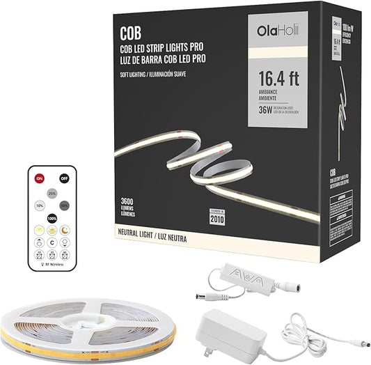 16.4ft COB Led Strip Light with Remote, 4000K Dimmable Bright Led COB Strip Light, White Continuous Led Strip Light for Mirror, Stair, Cabinet, Room