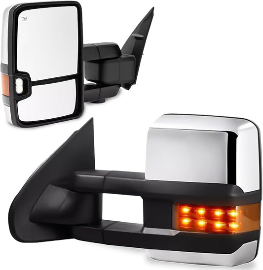 Towing Mirrors Compatible with 2014-2018 Chevy Silverado GMC Sierra 1500, 2014-2018 Silverado Sierra 2500 HD 3500 HD Chrome Power Heated Amber Turn Signal Light Manual Folding Pair Set