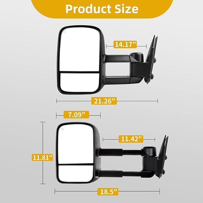 DWVO Power Heated Telescoping Towing Mirrors for 1999–2002 Chevy Silverado, GMC Sierra 1500/2500/3500, Suburban, and Yukon XL, Dual Glass, Extendable, Folding Mirror Pair Set, Black