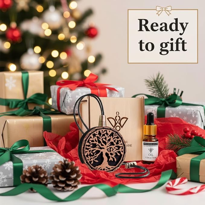 Wood Car Air Freshener — Handmade Car Air Freshener — Tree Of Life Designed Fragrance Oil Diffuser in Wooden Gift Box — Aromatherapy Gift Set with Mountain Rain Fragrance Oil - 10 ml