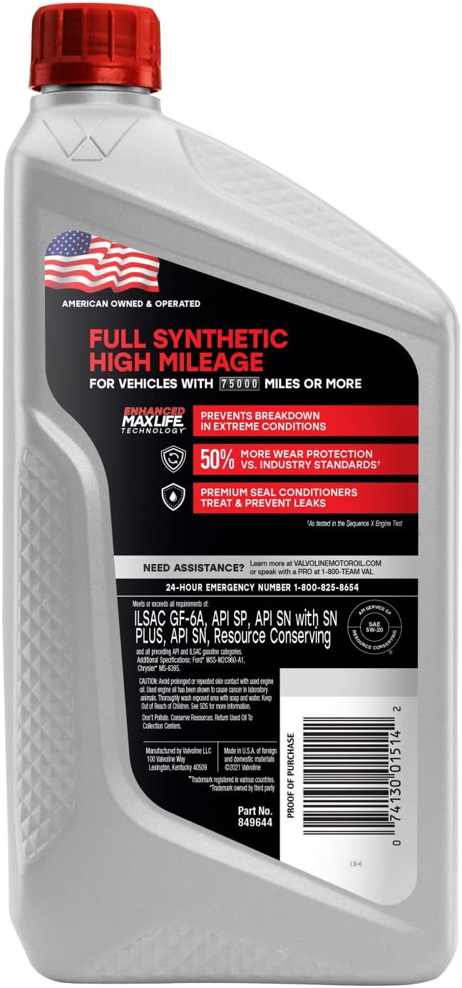 Valvoline Full Synthetic High Mileage with MaxLife Technology SAE 5W-20 Motor Oil 1 QT, Case of 6 (Pack of 2)