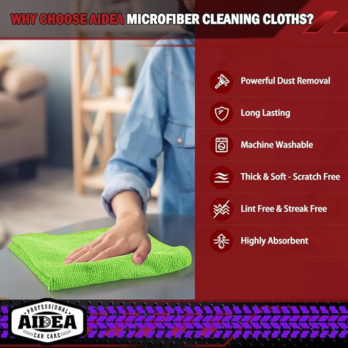 AIDEA Microfiber Cleaning Cloth, 20PK, Microfiber Towels for Cars, Premium All Purpose Car Cloths, Dusting Cloth Cleaning Rags, Absorbent Towels for SUVs, House, Kitchen, Window, 12"×12", Green