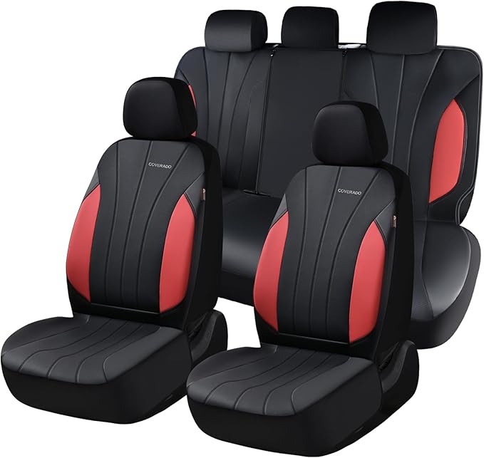 Coverado Seat Covers, Red Car Seat Covers Full Set, Automotive Seat Covers 5 Seats, Waterproof Black Car Seat Protectors Universal Fit for SUVs Trucks Sedans