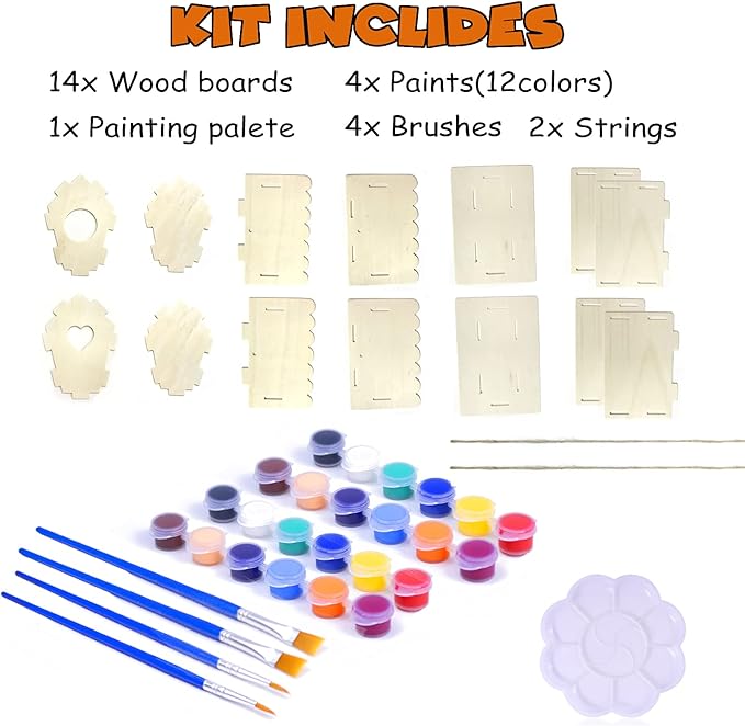 hapray 2 Pack Bird House Kit, DIY Birdhouse Kits, Wooden Crafts Arts for Children to Build and Paint (Includes Paints & Brushes) for Kids Girls Boys Toddlers Halloween Christmas Gifts