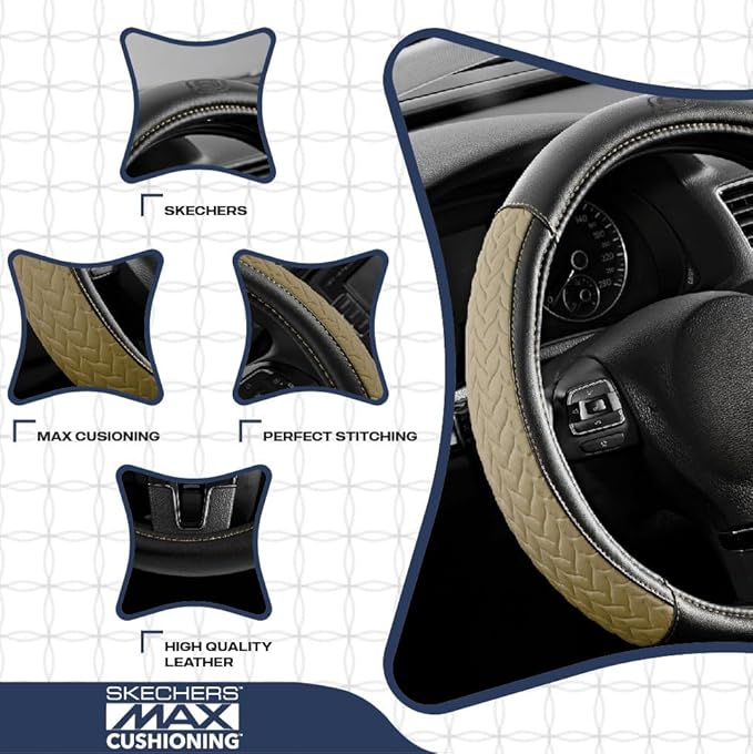 Skechers Steering Wheel Cover,Max Cushioning Leather Steering Wheel Cover Universal Fit 14" 1/2-15" Car Wheel Protector for Men Women Fit Suvs,Vans,Sedans,Car,Trucks,Beige