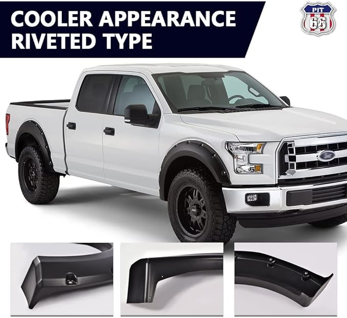 PIT66 Fender Flares,Compatible With 2004-2008 FORD F150(NOT For Heritage), Paintable Smooth Matte Black Pocket Riveted Style Wheel Flares Set, 4 Pcs