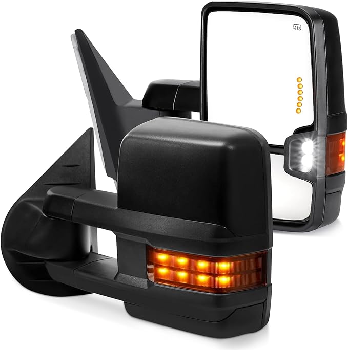 Towing Mirrors Compatible for 2014-2018 Silverado/Sierra 1500, 2015-2018 Silverado/Sierrs 2500 HD 3500 HD,Black Power Heated LED Arrow Light Amber Turn Signal Clearance Lamp Pair Set