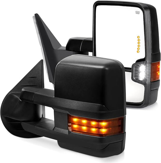 Towing Mirrors Compatible for 2014-2018 Silverado/Sierra 1500, 2015-2018 Silverado/Sierrs 2500 HD 3500 HD,Black Power Heated LED Arrow Light Amber Turn Signal Clearance Lamp Pair Set