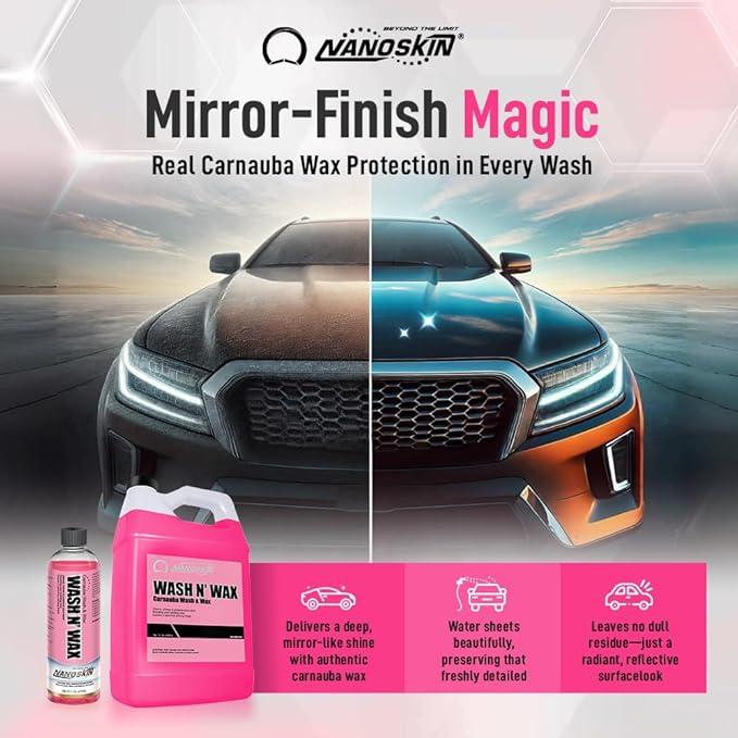 Nanoskin WASH N' WAX with Carnauba 5 gallons - Cleans & Shines in One Step | Works with Foam Cannon, Foam Gun, Bucket Washes, Pressure Washer | Carnauba Wax Protection for Cars