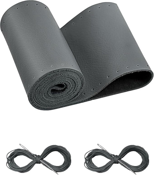 BELINOUS Leather Steering Wheel Cover Lace Up, Stitch On Wrap, Universal Fit 13-20 inch Car Truck SUV Pickup Boat, A Whole Piece of Cowhide, DIY Stitch w/Needle Thread (Size M1, Gray)