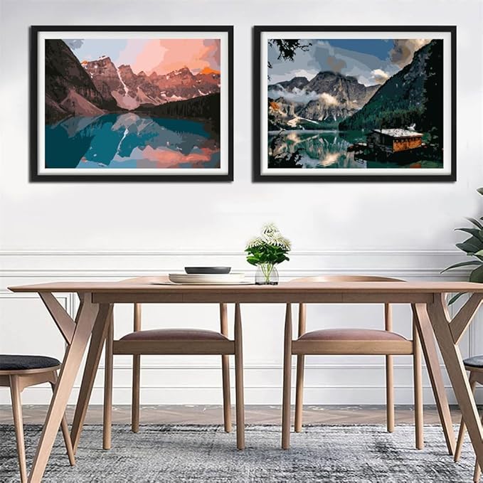 Paint by numbers Kit for adults beginners 2 pack paint by numbers for adults rolled up canvas for home decoration creative wall art with colorful gift box 12x16 inch mountain lake sunset 169-170
