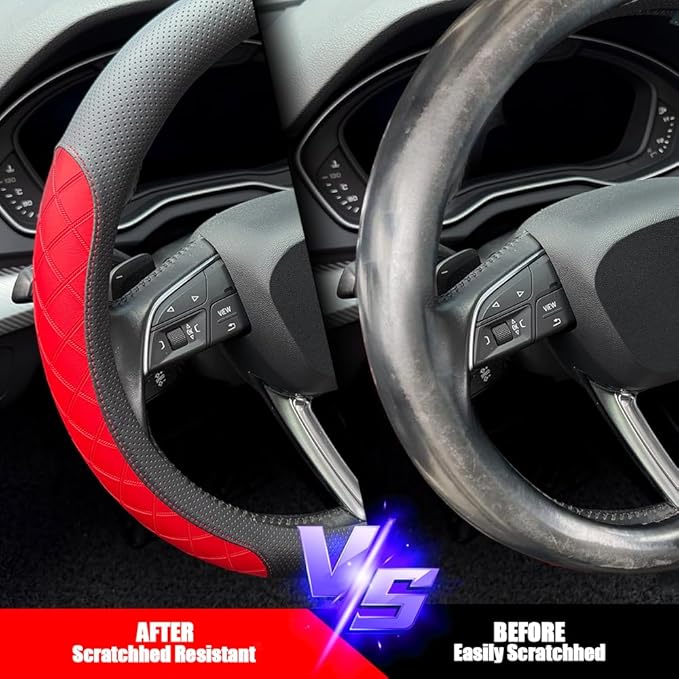 LKWLIKEI Nappa Leather Steering Wheel Cover, Elegant Diamond Checkered Design, Non-Slip wear-Resistant, Enhance Driving Comfort, Suitable for Steering Wheel Diameter 14 1/2‘-15’ Models .Black Red