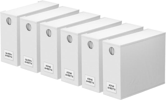 SpaceAid 6 Pack Bed Sheet Organizers and Storage, Foldable Sheet Organizer with Window for Linen Closet, Set Folder Keeper for Queen & King Size Bedding Storage (White)