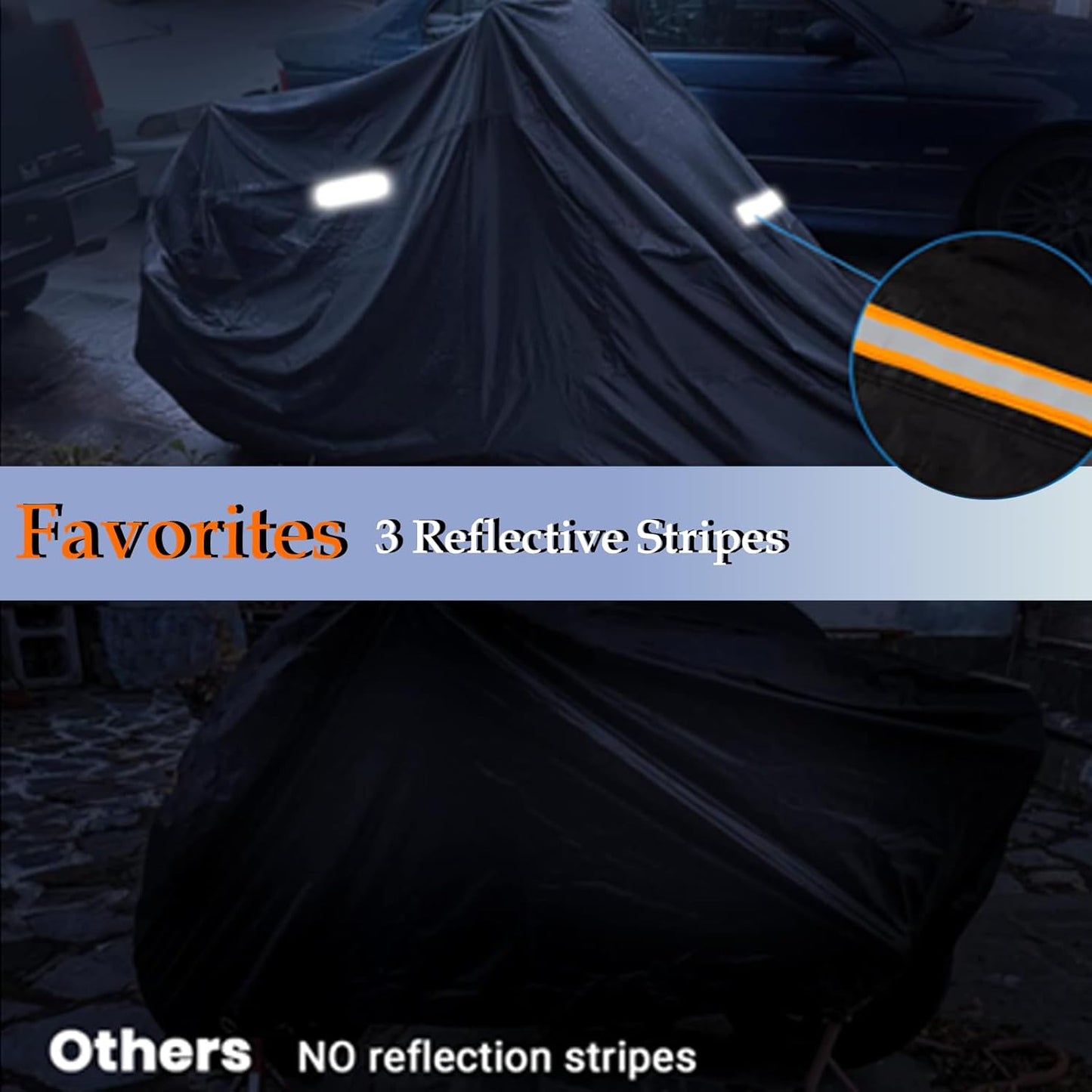 Motorcycle Cover, 210D Oxford Cloth, with Reflective Stripes, Waterproof Outdoor Protection, All-Weather Universal car Cover, with Lock Holes and Storage Bag. (All Black, 116")