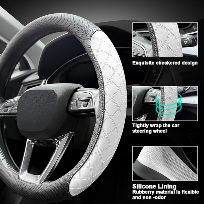 LKWLIKEI Nappa Leather Steering Wheel Cover, Elegant Diamond Checkered Design, Non-Slip wear-Resistant, Enhance Driving Comfort, Suitable for Steering Wheel Diameter 14 1/2‘-15’ Models.Black White
