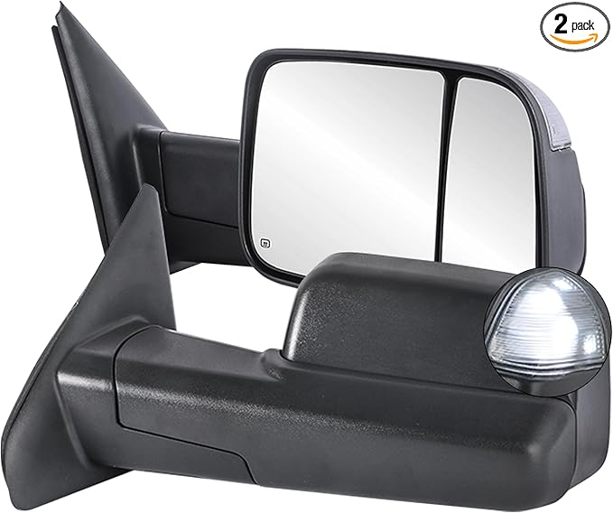 Pair Black Power Heated Towing Mirrors Compatible for 2002-2008 Dodge Ram 1500/2003-2009 Ram 2500 3500 w/White DRL, Led Turn Light