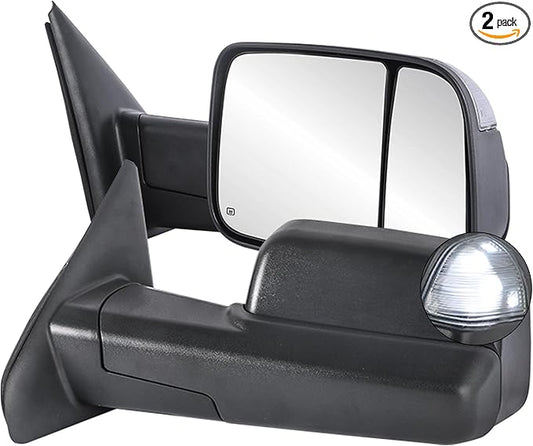 Pair Black Power Heated Towing Mirrors Compatible for 2002-2008 Dodge Ram 1500/2003-2009 Ram 2500 3500 w/White DRL, Led Turn Light