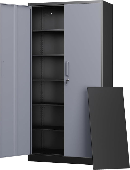 Letaya Metal Storage Cabinet with Lock Door and 5 Shelves,6 Tier Steel Garage Tool Cabinet for Home Office Utility Room 72" H X 36" W X18 D (Black Gray)