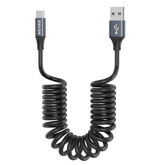 AGVEE 5ft Coiled Short USB to USB-C Charging Cable [USB-IF Certified] 3A Fast Charger Cord in Car for iPhone 16/15 CarPlay, Galaxy S25 S24 S23 S22 S21 S10 S9 S8, Google Pixel, Dark Gray