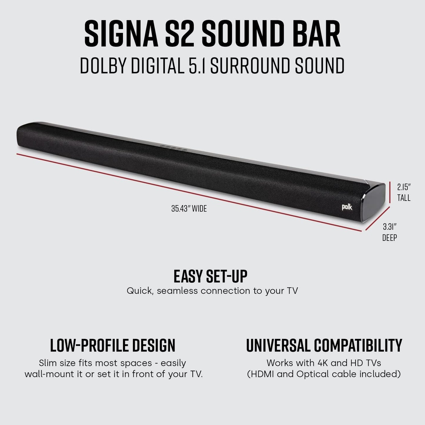 Polk Audio Signa S2 Sound Bar & Wireless Subwoofer – Exclusive VoiceAdjust Technology, Ultra-Slim Design, Works with 4K & HD TVs, HDMI & Optical, Bluetooth, Wireless Streaming