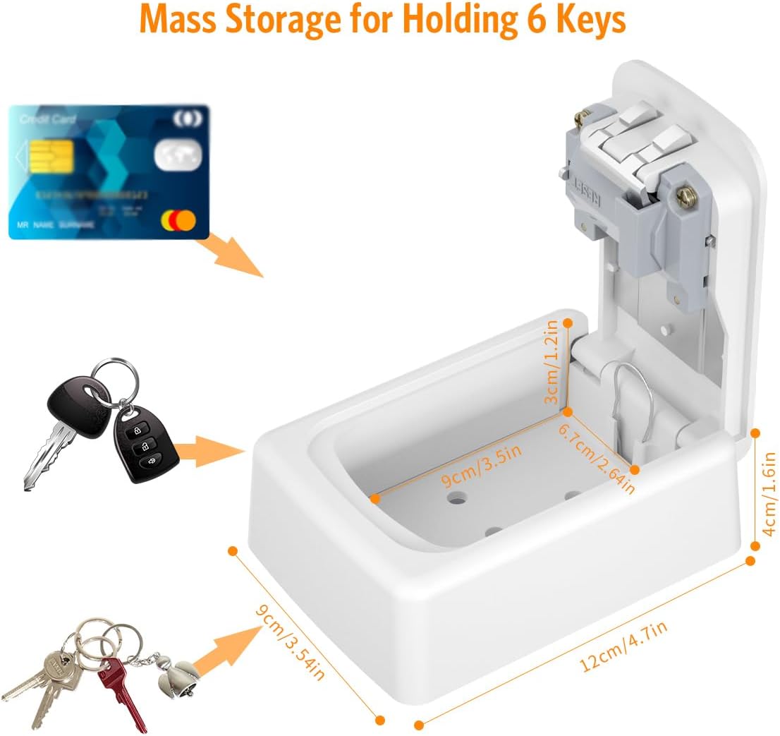 Key Lock Box Wall Mounted, Fayleeko 4 Digit Combination Lockbox for Outside, House Keys - 5 Keys Capacity, Key Safe Security Storage Lock Box for Indoor, Outdoor, Garage, Garden, Store (White, 1Pack)