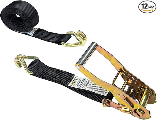 US Cargo Control J Hook Ratchet Straps 2 Inch x 18 Foot (12-Pack), 10,000 LBS Break Strength, Heavy Duty Ratchet Straps with Double J-Hooks, Black Tie Downs for Trucks, Trailers, Securing Cargo