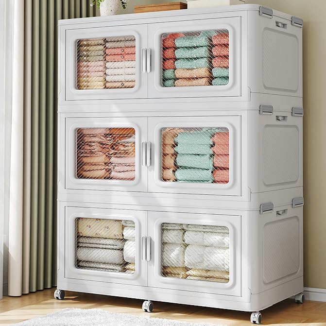 660 Qt Stackable Storage Bin with Lid, 165Gal Extra Large Collapsible Storage Boxes, Folding Plastic Drawer, Heavy-Duty Store Cabinet, Closet Organizer for Home Kitchen, 3 Pack White