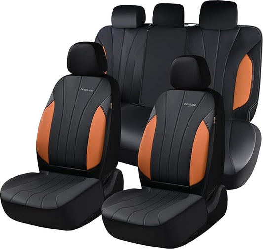 Coverado Car Seat Covers Full Set, Automotive Front and Rear Seat Covers, Leather Car Seat Covers Full Set 5 Seats, Airbag-Compatible, Brown Seat Covers for SUV Sedan Truck