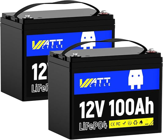 Wattcycle 12V 100Ah LiFePO4 Lithium Battery 2 Pack - Built-in 100A BMS, BCI Group 24, 15000 Cycles, Low-Temperature Protection - Ideal for RVs, Golf Cart, Home Energy Storage, Marine (2 Pack)