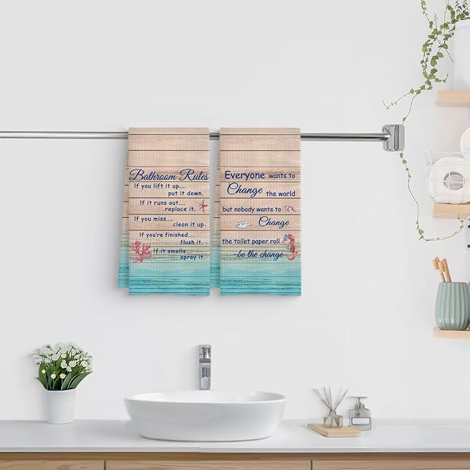 Funny Bathroom Rules Decorative Hand Towels Set of 2, Rustic Farmhouse Hand Towels for Bathroom Decor, 16x24 Inch(Beach Style)