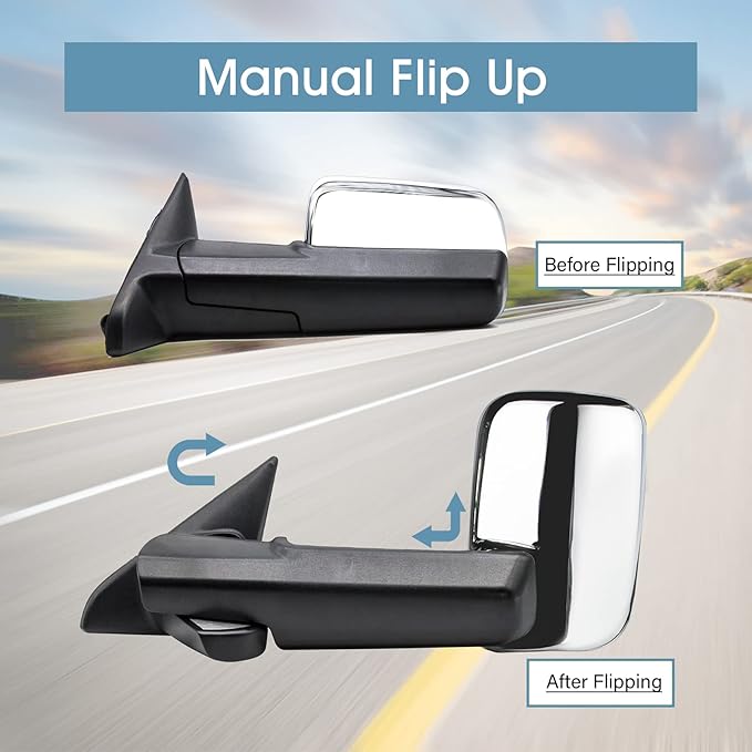 BOOLEE Towing Mirrors Power Heated Compatible with 2009-2018 Dodge Ram 1500,2019-2023 Dodge Ram 1500 Classic Arrow Lamp Puddle Light Temp Sensor Pickup Truck Tow Mirrors Chrome