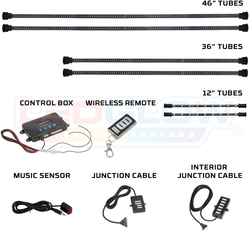 LEDGlow 4pc Million Color Multi-Color LED Underbody Underglow & 2pc Interior Footwell Accent Lighting Kit for Cars - 18 Solid Colors - 12 Unique Patterns - Music Mode - Includes Control Box & Remote