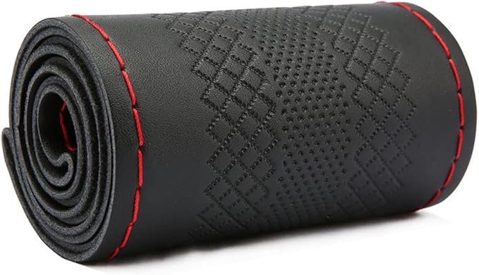 DEEYOTA Car Steering Wheel Cover Universal Fit Round Stitch Steering Wheel Wrap Thin PU Leather Steering Wheel Cover Sewn on 15" Car Wheel (Black)