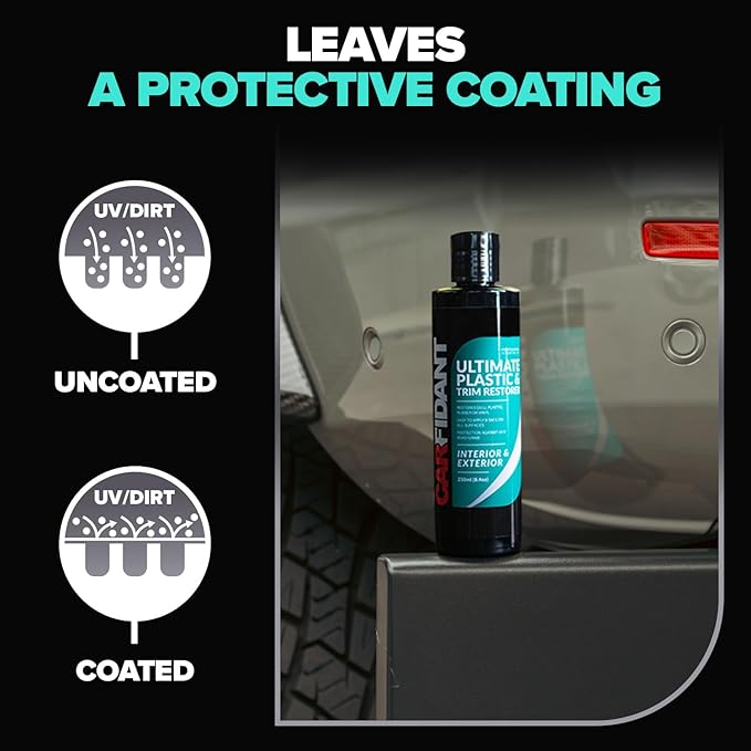 Carfidant Plastic Restorer for Cars – Refreshes Faded Plastic, Vinyl & Rubber Trim with Polish for Deep Shine – Protects Against UV & Dirt – Black Exterior & Interior Care for Detailing - 8.4 fl. Oz.