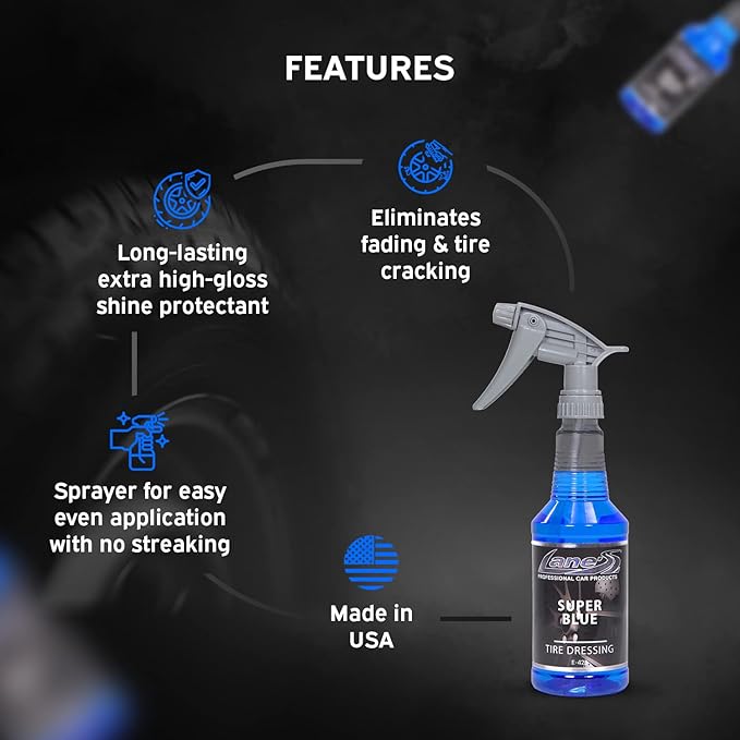 LANE'S Super Blue Tire Dressing Spray | High-Gloss Car Tire Shine Spray | No Sling, No Run, Long Lasting | Protects from Cracks & UV Rays | Non-Greasy Automotive Dressing & Cleaner | 32oz, 2 Pack