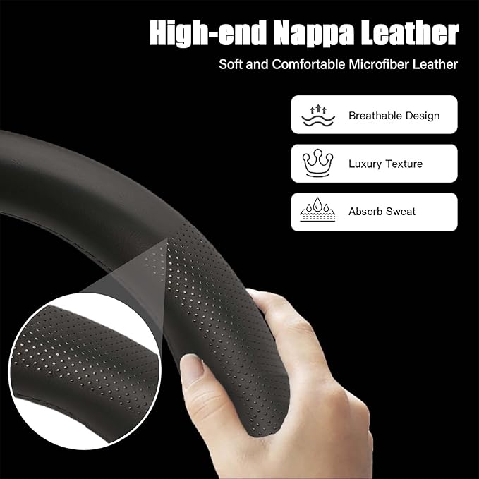 Genuine Leather Steering Wheel Cover for Men Women with Upgraded Silicone Inner Ring, Non-Slip, Breathable, Odorless, Universal 14.5-15 Inch (Pink U, Microfiber Nappa Leather)