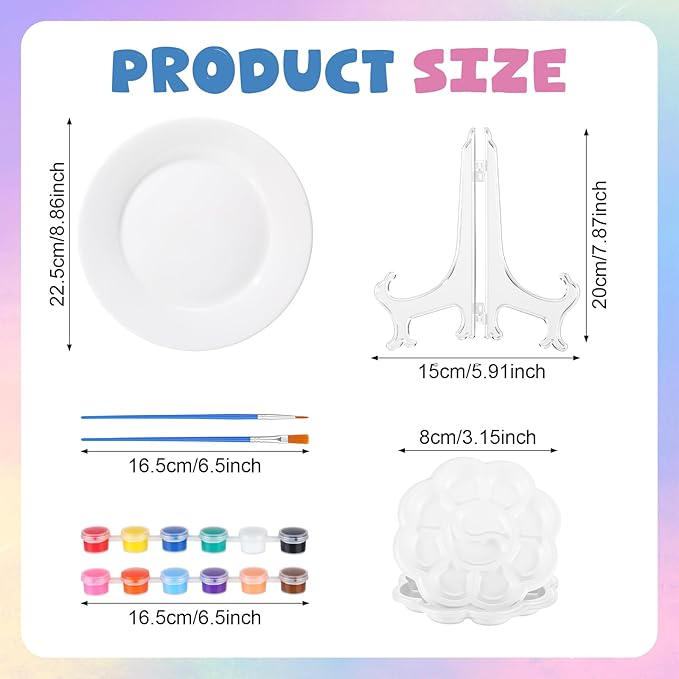 Humyoun 36 Pcs Paint Your Own Porcelain Plates Ceramic Painting Kit Includes 6 Porcelain Plates 6 Paints 12 Paint Brushes 6 Stands and 6 Color Palette DIY Unpainted Ceramic Art Crafts Kit for Adults