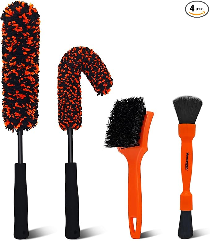 YeewayVeh 4PCS Car Wheel Cleaning Kit, 2-Size Bendable Microfiber Wool Wheel Brush Set, Tire Brush, Double-Ended Detailing Brush, Soft Non-Metallic Rim Cleaner Brushes for SUVs, RVs & Trucks