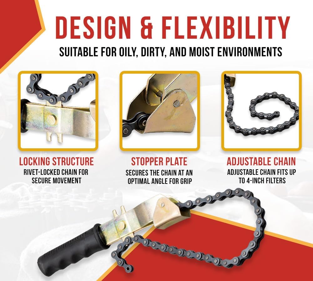 Mytee Products 15" Heavy-Duty Oil Filter Chain Wrench for 4" Diameter Filters – Rivet Locking Mechanism & Ideal for Chain Oil Filter Remover & General Maintenance Tasks