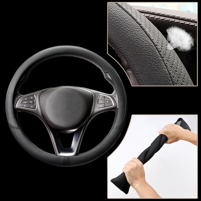 COFIT Breathable Car Steering Wheel Cover 15 inch Auto Universal Leather Wrap Non-Slip Steeringwheel Protector Automotive Interior Accessories, Black (Suit for 14.5-15 inch)