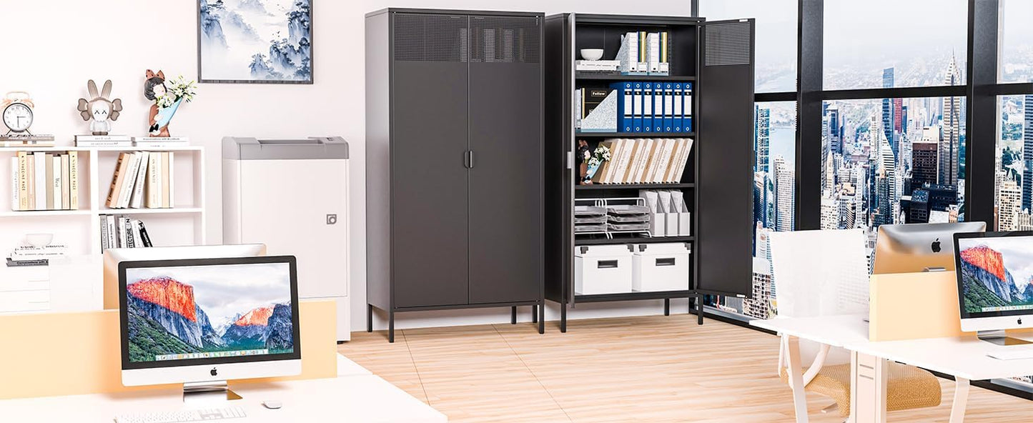 Metal Storage Cabinets with 4 Adjustable Shelves，Black Metal File Cabinet, 71'' Steel Storage for Home & Office, School,Kitchen Pantry,Tool Cabinet，Garage, Black