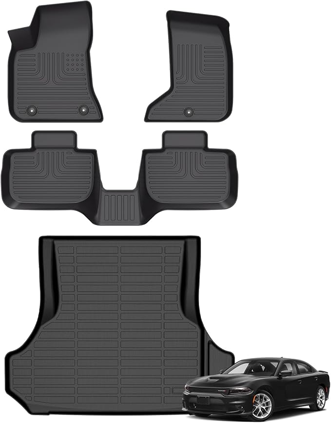 Floor Mats & Cargo Liner for Dodge Charger RWD/Chrysler 300 RWD 2011-2023 All Weather Automotive TPE Liners Set Anti-Slip Waterproof Floor Liners Accessories (Car Mats+Trunk Mat) Black