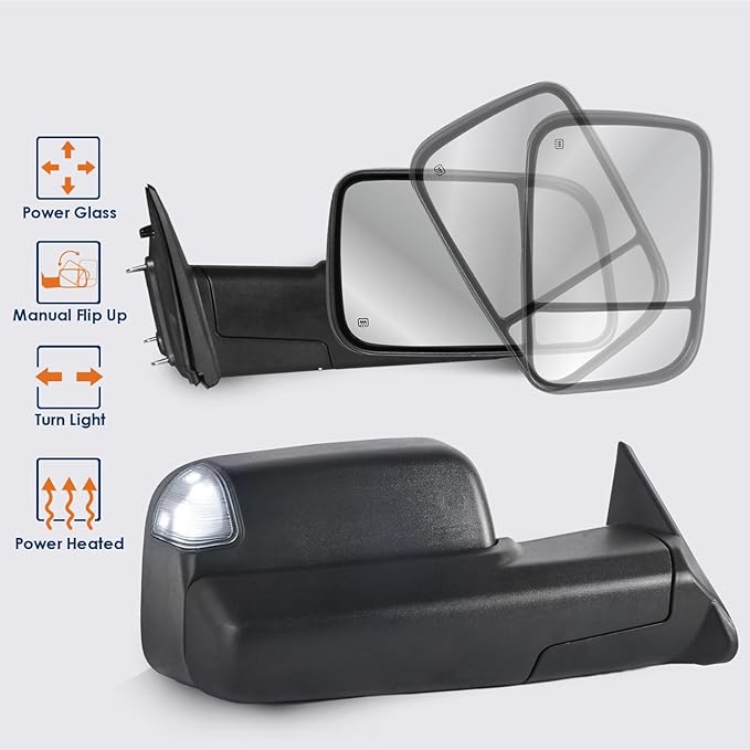 Pair Black Power Heated Towing Mirrors Compatible for 1998-2001 Dodge Ram 1500/1998-2002 Dodge Ram 2500 3500 w/White DRL, Led Turn Light