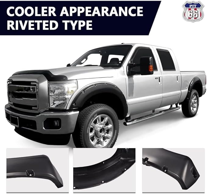 PIT66 Fender Flares, Compatible With 2011-2016 Ford F250 & F350 Super Duty (NOT For Dually Models), Paintable Smooth Matte Black Pocket Riveted Style Wheel Flares Set, 4 Pcs