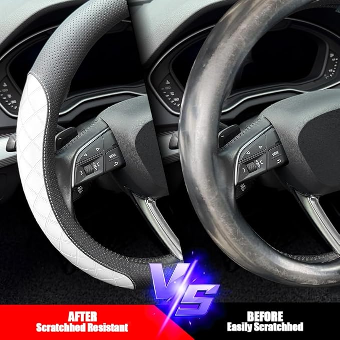 LKWLIKEI Nappa Leather Steering Wheel Cover, Elegant Diamond Checkered Design, Non-Slip wear-Resistant, Enhance Driving Comfort, Suitable for Steering Wheel Diameter 14 1/2‘-15’ Models.Black White