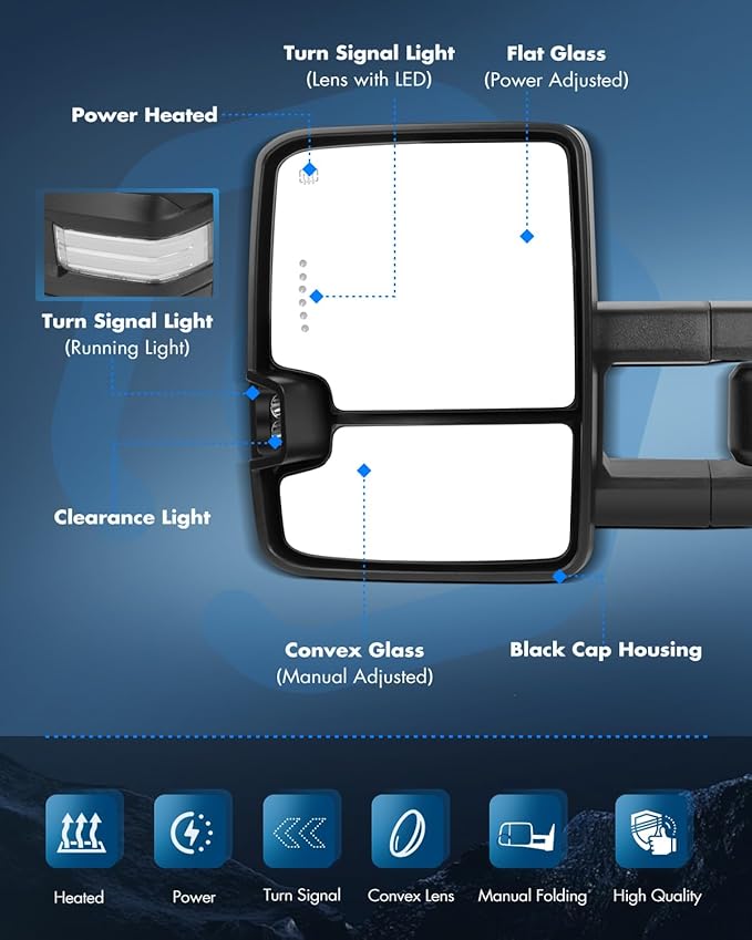 ECCPP Towing Mirrors Compatible with 2014-2018 for Chevy for GMC 1500 2015-2019 for Chevy for GMC 2500/3500 HD Tow Mirrors Left Right Side Power Heat LED Turn Signal Running Back Up Light Black