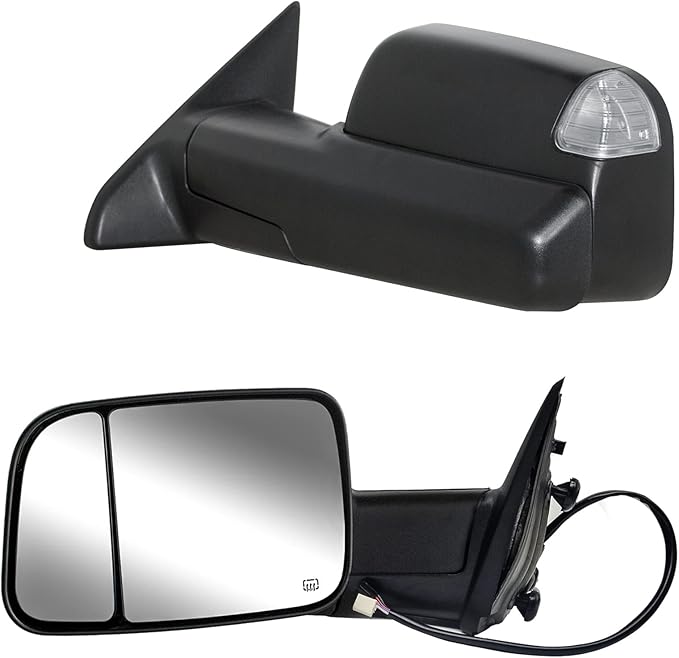 WLLW Towing Mirrors fit for 2009-2018 Dodge Ram 1500 2500 3500 Pickup with Power Adjusted, Heated, Turn Signal Light, Temperature Sensor, Puddle Lamp, Black Cap