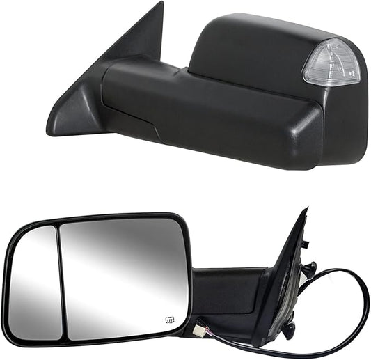 WLLW Towing Mirrors fit for 2009-2018 Dodge Ram 1500 2500 3500 Pickup with Power Adjusted, Heated, Turn Signal Light, Temperature Sensor, Puddle Lamp, Black Cap